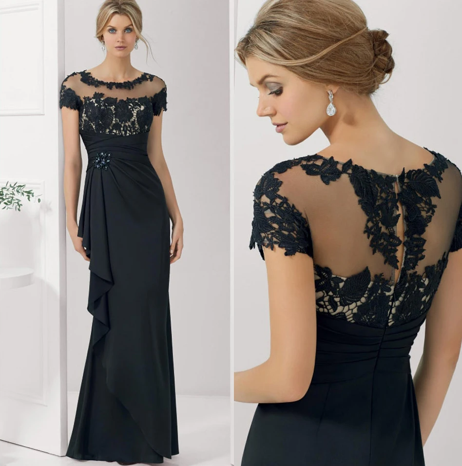 Черное шифоновое платье для матери невесты, жениха, вечернее платье с рукавами-крылышками, свадебное платье для гостей, vestido madrinha longo Plus