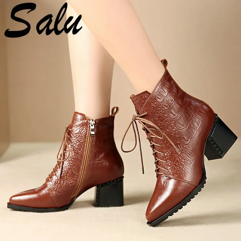 

Salu Genuine Leather Women Ankle Boots Side Zipper Cross-tied Party Shoes Woman New Warm Autumn Winter Short Boots Sexy Shoes