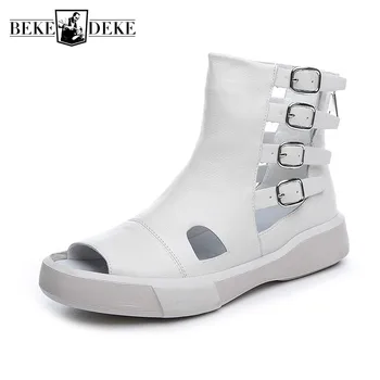 

Summer Women Buckles Open Toe High Top Sandals Casual Hollow Out Platform Flats Gladiator High Quality Leather Boots Sandals