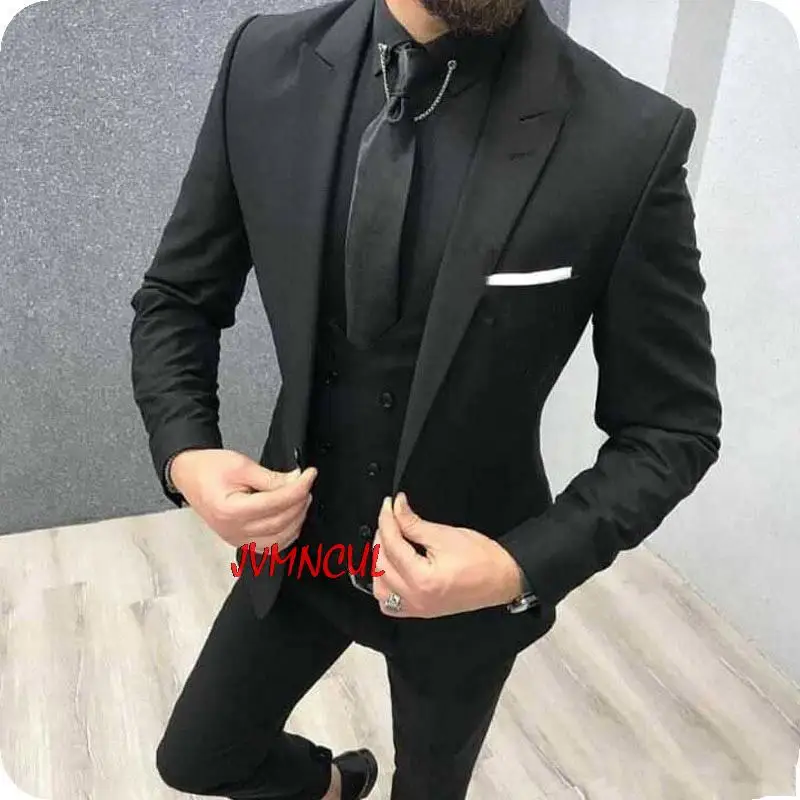 New-Arrival-One-Button-Black-Groom-Tuxedos-Peak-Lapel-Groomsmen-Men-Blazers-3-pieces-Suits