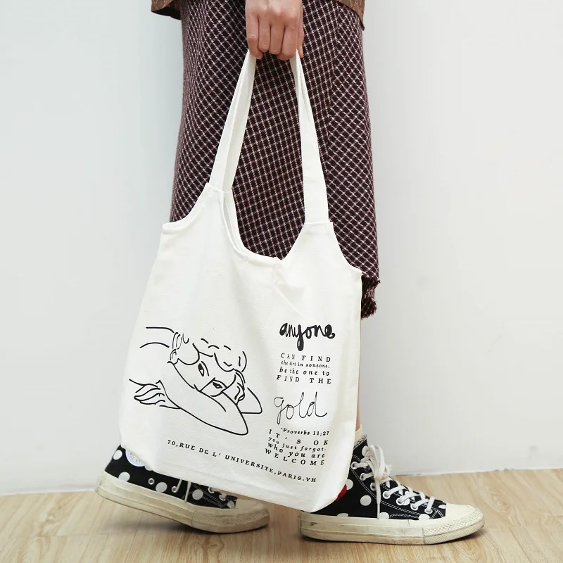 

Simple ladies canvas shoulder bag, book storage bag, reusable foldable eco-friendly food bag, student stationery