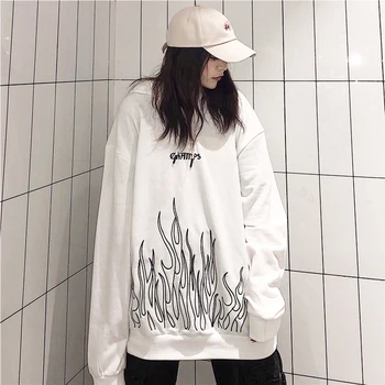 

Harajuku Flame Embroidered Hoodies Women 2020 Autumn Pullover Ins Loose Hooded Sweatshirt Oversize Hoodies Drawstring Hoodies