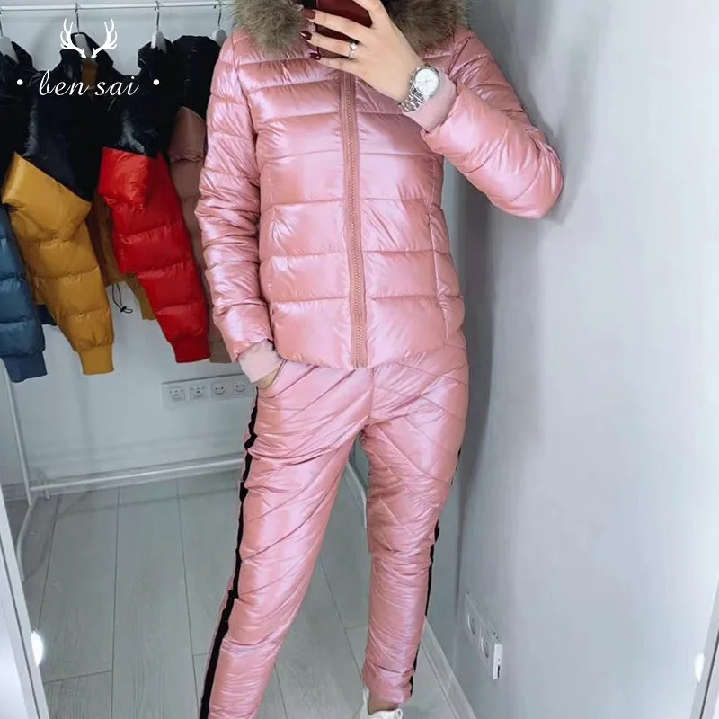 

Women New Fashion Fur Hooded Thicken Coats Pants Sets Ladies Casual Warm Parker Coats Cotton Trouser Suits Female Jackets Winter