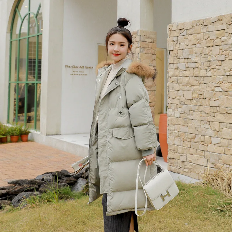 

2019 Winter WOMEN'S Dress Korean-style Loose-Fit Slimming Mid-length Thickening Large Fur Collar Hooded Cotton-padded Clothes Co