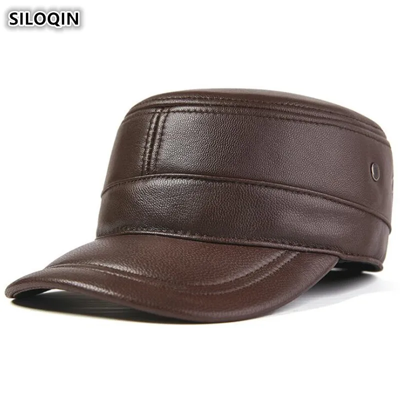 

SILOQIN Snapback Cap Genuine Leather Hat Men's Flat Cap Military Hats Adjustable Size Men Brands Caps Autumn Cowhide Tongue Cap