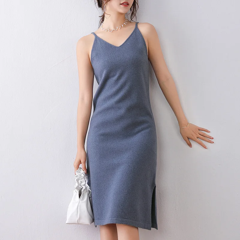 

Spring And Summer New Style Wool Dungaree Shirt 100 Pure Wool Long Slit Vest Casual V-neck Sweater