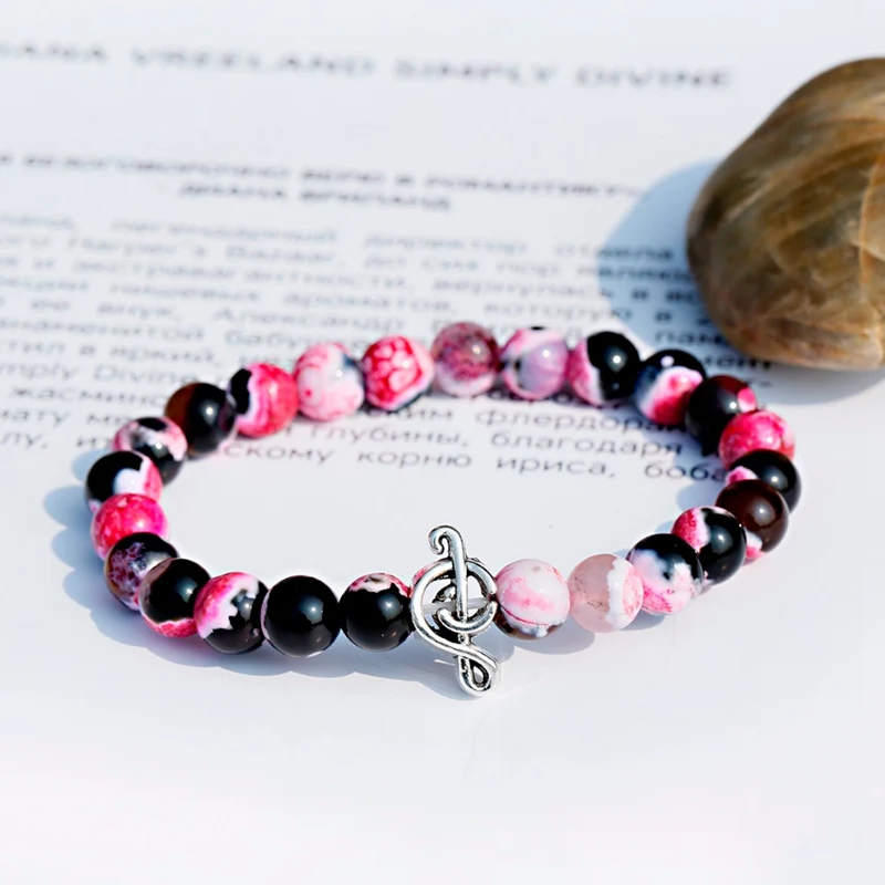 TopHanqi розовый красный турмалин бисерный браслет талисманы музыкальная нота Strand браслет для мужчин натуральный камень ювелирные изделия для женщин Pulseras