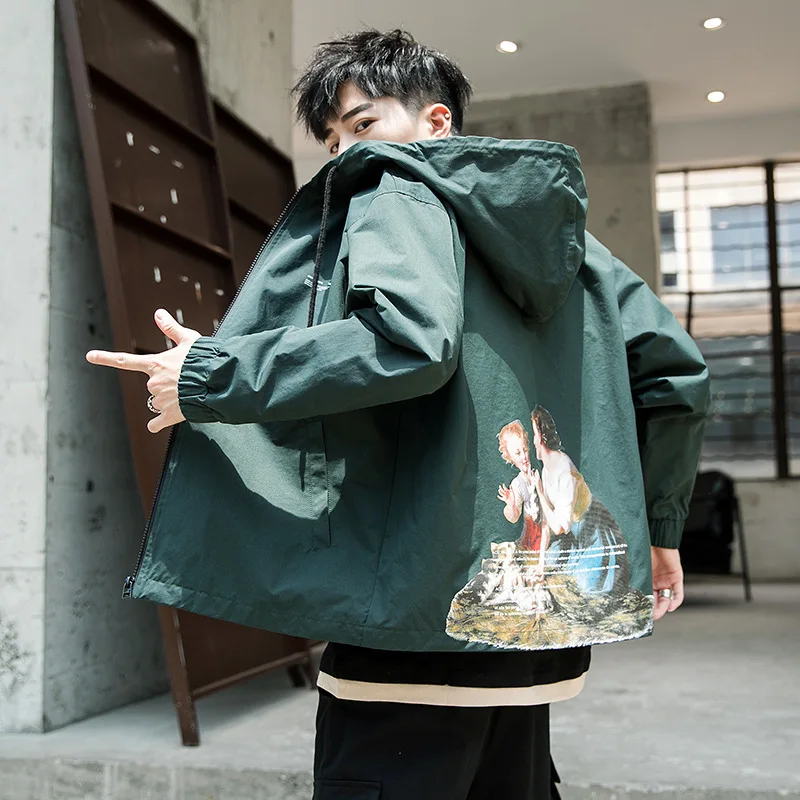 Японский стиль хип-хоп, мужская куртка с принтом, ветровка большого размера, пальто на молнии, повседневная мужская куртка с капюшоном, пальто, Мужская Уличная одежда