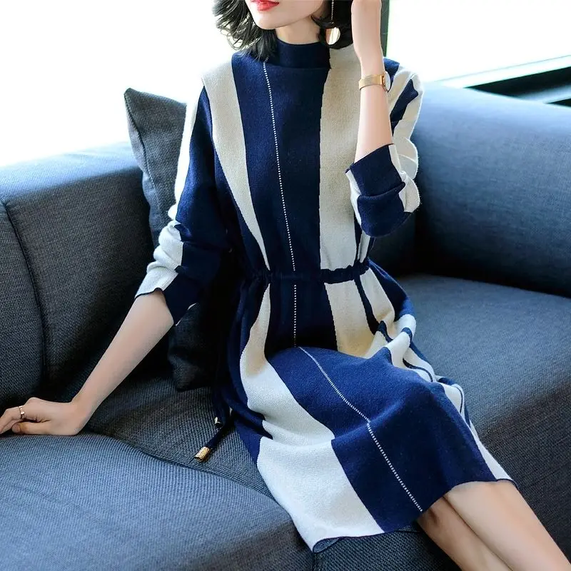 

Women Striped Patchwork Sweater For Winter 2022 New Warm Long Bottom Sweater For Office Lady Oversize High Quality