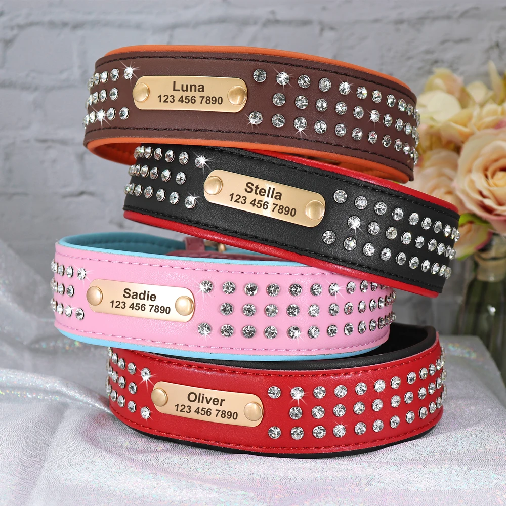PersonalizedDogCollarBlingRhinestoneLeatherPetCollarsForSmall