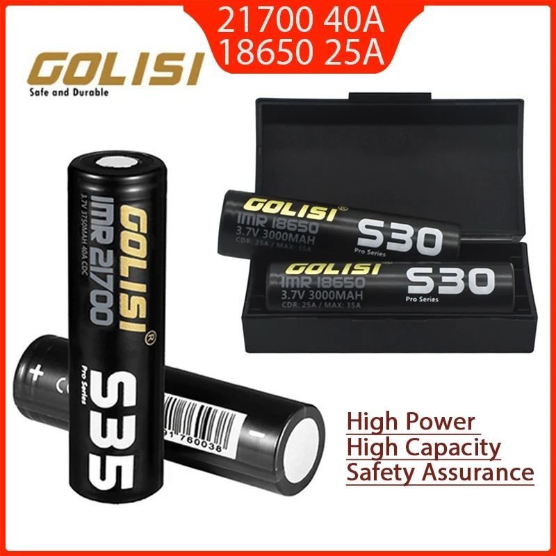 2 пк Golisi S35 IMR 21700 3750mAh S30 18650 3000mAh 40A Высокая емкость Защищенная квартира Top Перезаряжаемый Li-ионный Аккумулятор Высокой мощности Высокой мощности безопасности обеспечения