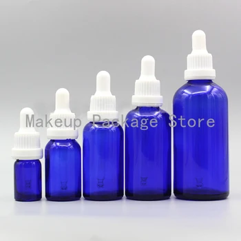 

2/10pcs 5ml 10ml 15ml 20ml 30ml 50ml 100ml Empty Blue Glass Essential Oil Dropper Bottle with White Plastic Cover and Pipette