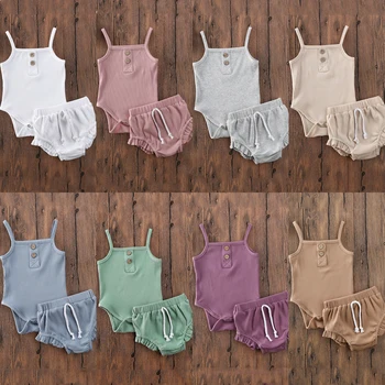 

2PCS Newborn Baby Girl Summer Clothes Knitted Button Sleeveless Vest Crop Tops Shorts Pants Outfit 8 Colors Solid 0-24M