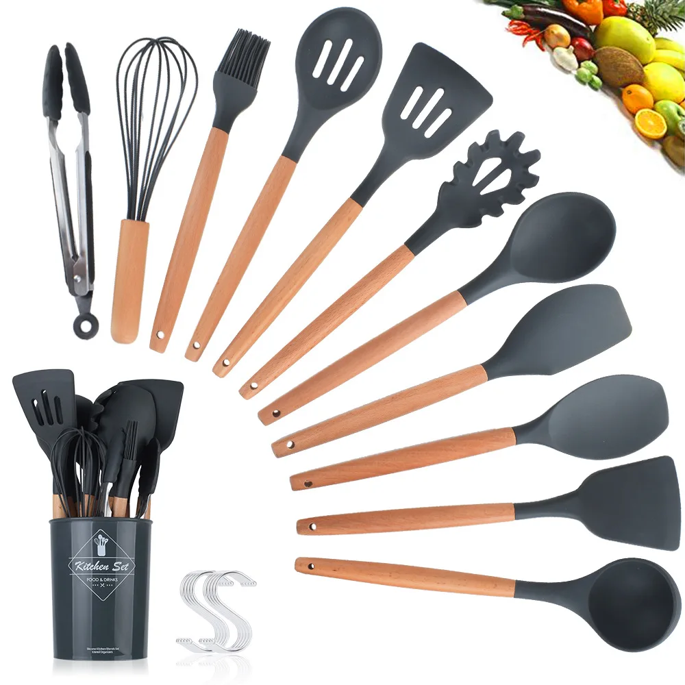 11 шт. набор инструментов для приготовления пищи, бытовая силиконовая деревянная кухонная утварь, набор кухонных принадлежностей, ручка, ложка, лопатка, половник, венчики для яиц - Цвет: Black