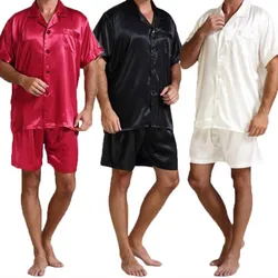 Plus Size Summer Fashion Men Silk Satin Pajamas Sets Soft Sleepwear Silk Short Sleeve Tops Short Men Pajama Homewear Suits M-3XL