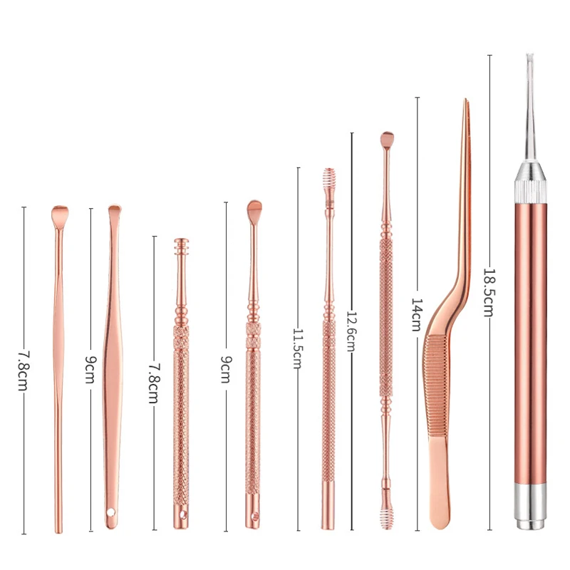 8PCS Set Ear Wax LED Light Pickers Earpick Remover Curette Earwax Cleaner Spoon Ear Care Booger Cleaning Tweezers Forceps Tool 3