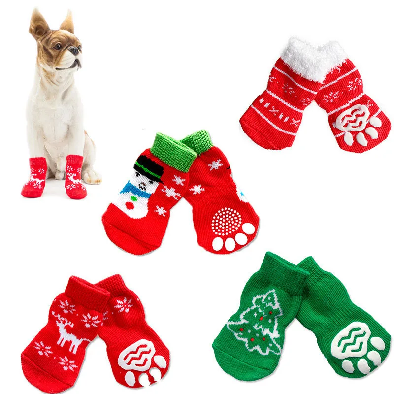 

4Pcs Christmas Dog Pet Socks Shoes Non-Slip Knit Pet Cat Socks for NEW YEAR Christmas Warm Soft Pet Accessories