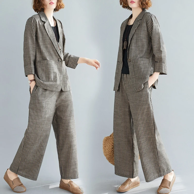 Spring summer new style literary leisure cotton linen striped one-button small suit wide-leg pants temperament fashion set women