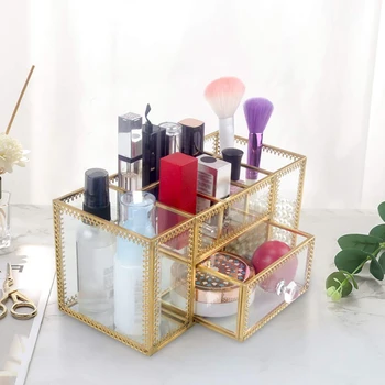 

Antique Glass Makeup Organizer - Vanity Mirror Base/Vintage 7 Compartments for Bedroom, Dresser, Countertop