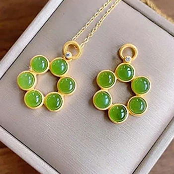 

SNew Silver Inlaid Natural Hetian Jasper Pendant Green Egg Face Stone Six Beads Chinese Niche Design Clavicle Chain Necklace