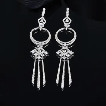 

925 Sterling silver Unique Magic Geometric circle Earrings Delicate Crystal square Tassel Earrings Full zircon Pentagon Earring