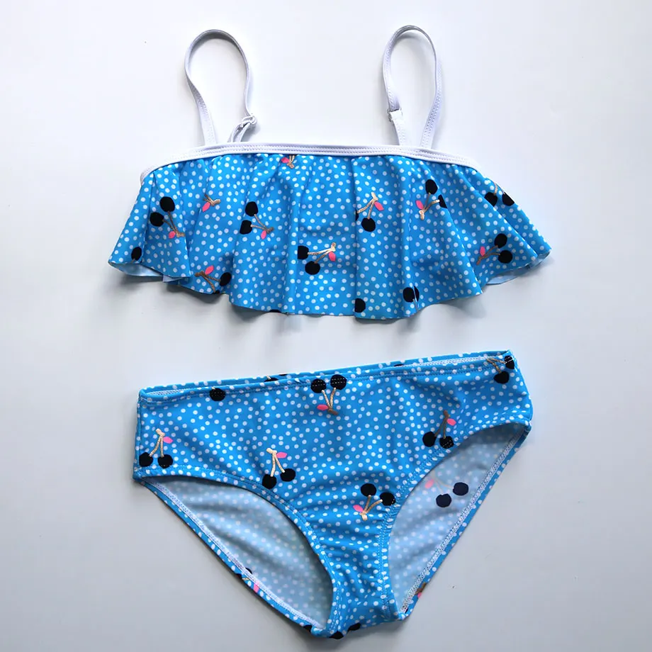 

3-14 Years Baby Girl Swimsuit Kids Swimwear Cherry Print Teenage Girl Bikini Set Children Swim Wear Falbala Girls Bathing Suits