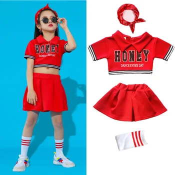 

Red Jazz Dance Costume Kids Fashion Street Dance Hip Hop Performance Clothing Stage Rave Clothes Practice Dancing Wear DC4714