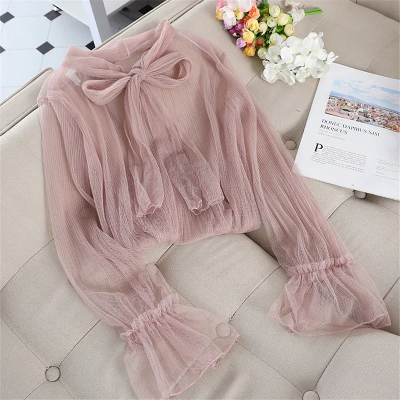 2020 New Spring Summer Women Mesh Blouse Solid Casual Tie Bow Lace Shirts Female Long Sleeve Blouses Bottoming Shirt Tops AB1825 5