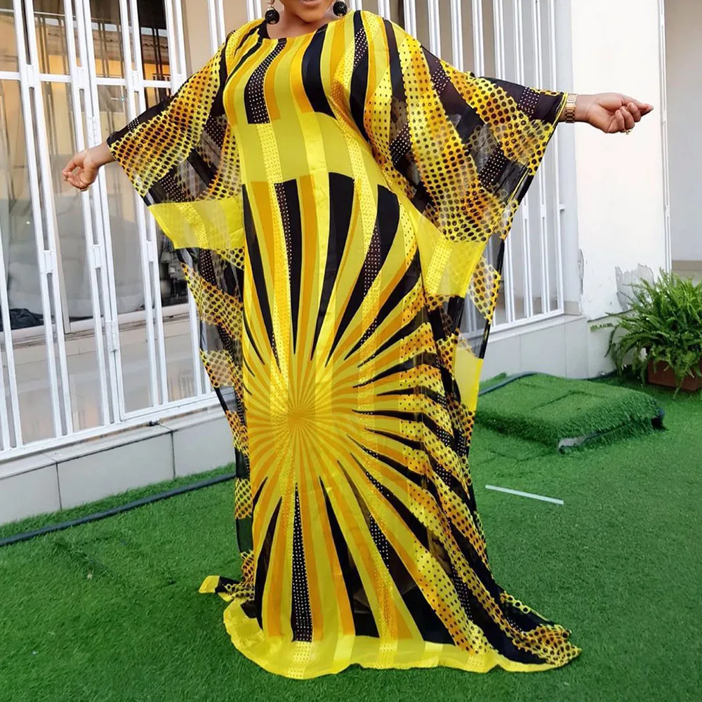 

African Women Oversized Long Dresses Robe Vintage Yellow Print Mesh Big Batwing Long Sleeve Casual Female Chiffon Autumn Dress