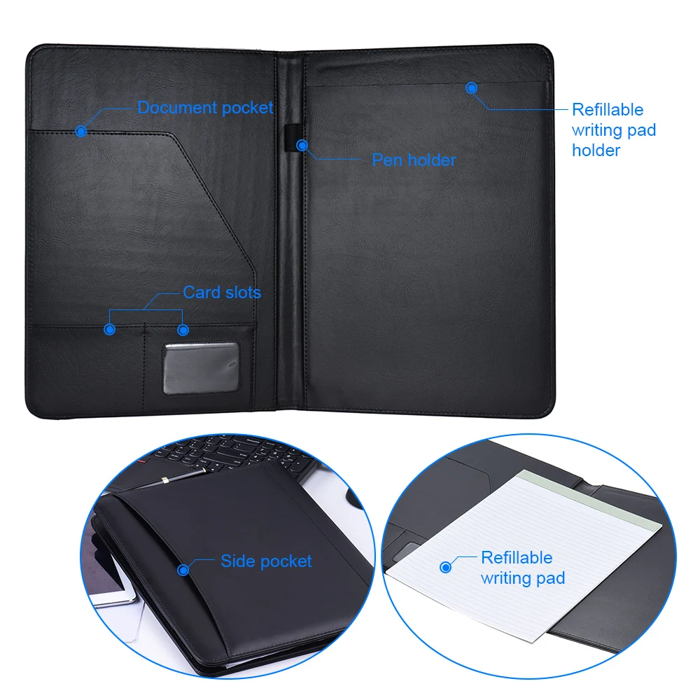 A4 PU 폴더 가방 가죽 다기능 비즈니스 포트폴리오 Padfolio 폴더 문서 케이스 주최자 명함 홀더