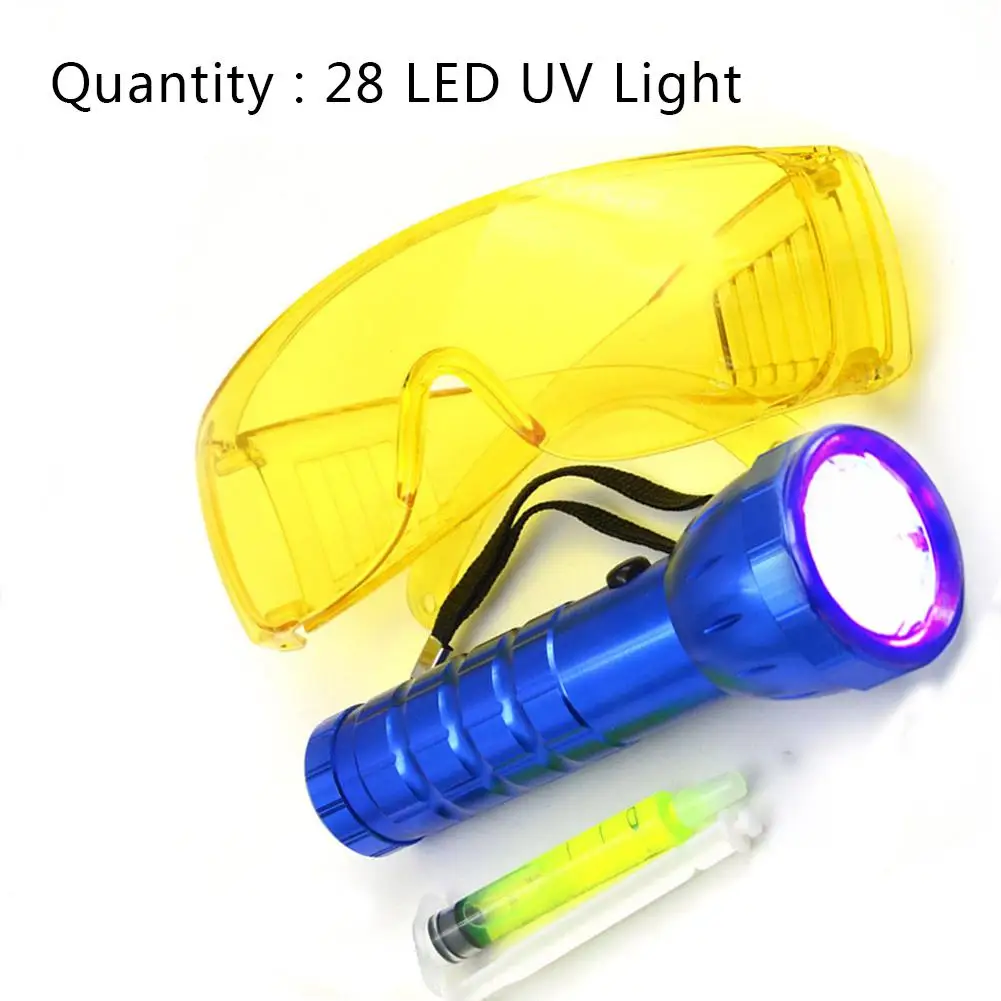 GHTGHTS Car R134A R12 Air Conditioning A/C System Leak Test Detector Kit 28 LED UV Flashlight Protective Glasses Tool Set GHTGHTS Car R134A R12 Air Conditioning A/C System Leak Test Detector Kit 28 LED UV Flashlight Protective Glasses Tool Set
