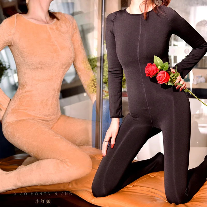 Fleece Bodysuit Rompers Jumpsuit Catsuit Long Sleeve Open Crotch