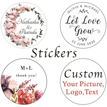 100 шт/партия пользовательские свадебные наклейки конфеты коробки для подарков ручной работы Подарочная бирка венок цветок этикетки наклейки для конвертов 3-7 см круглые