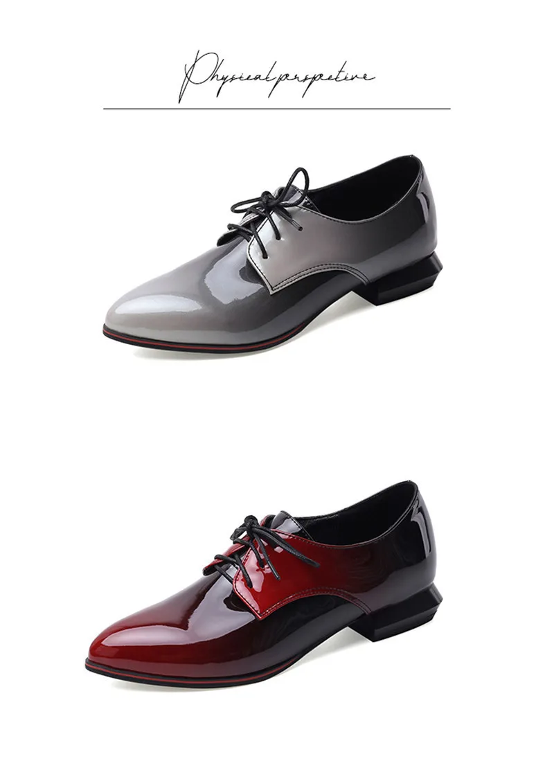 Large Size 33-50 Women Flats Sexy Gradient Patent Leather Low-Heeled Oxford Shoes For Woman 2020 Pointed Toe Lace-Up Lady Flats (39)