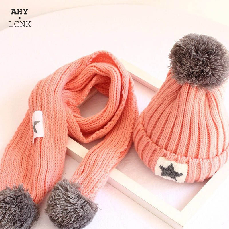 Conjunto de gorros y bufandas para bebé, gorro de punto de cinco estrellas de terciopelo, algodón cálido con Pompón, gorros suaves para niño y niña, 2 uds.| - AliExpress
