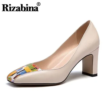 

RizaBina Women Fashion Pumps Shoes Square Toe Colorful Picture Shoes Women Genuine Leather Serpentine Heels Footwear Size 34-39