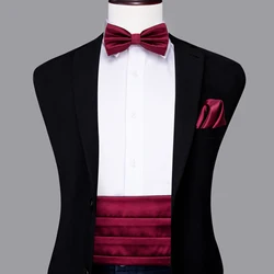Hi-Tie Silk Adult Men's Formal Party Wedding Luxury Pure Red Plain Cummerbund Bow Tie & Pocket Square Set Tuxedo Wide Belt