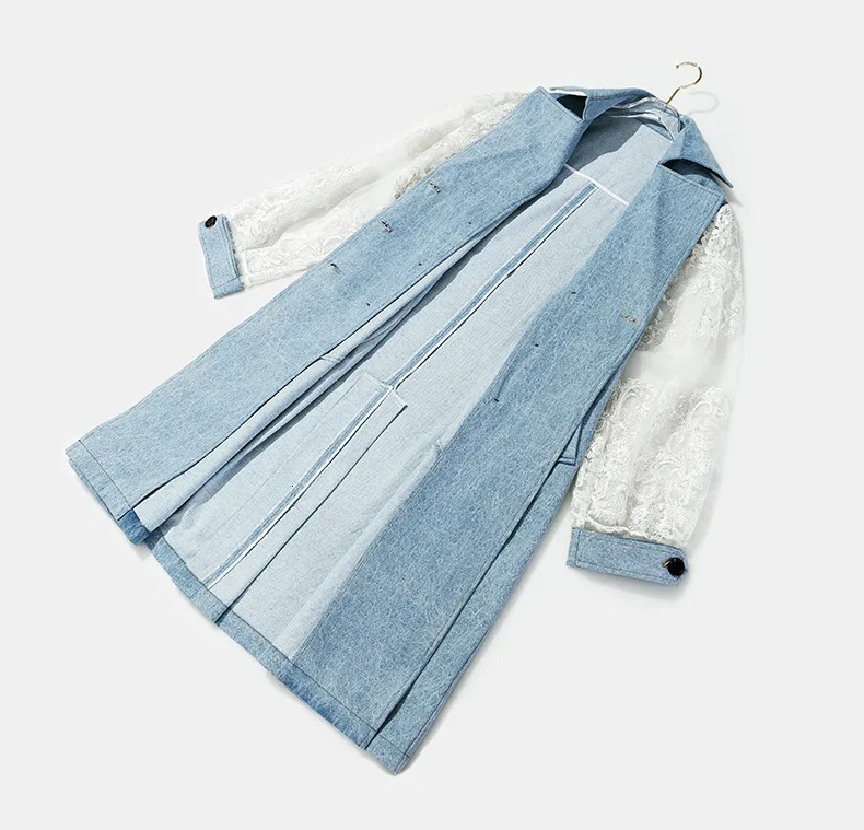 [EAM] женский джинсовый Тренч с кружевным поясом, новая свободная ветровка с отворотом и длинным рукавом, модная осенне-зимняя коллекция 1B097