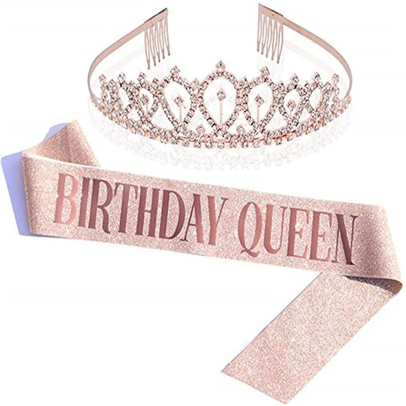 2_Pcs_Sets_Birthday_Party_Shoulder_Strap_Crown_Set_Birthday_Girl_Etiquette_Belt_Rose_Gold_Cloth (4)