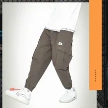 Осенние новые карго Брюки мужские японский стиль ленты тренд большой карман свободные мужские маленькие ноги брюки