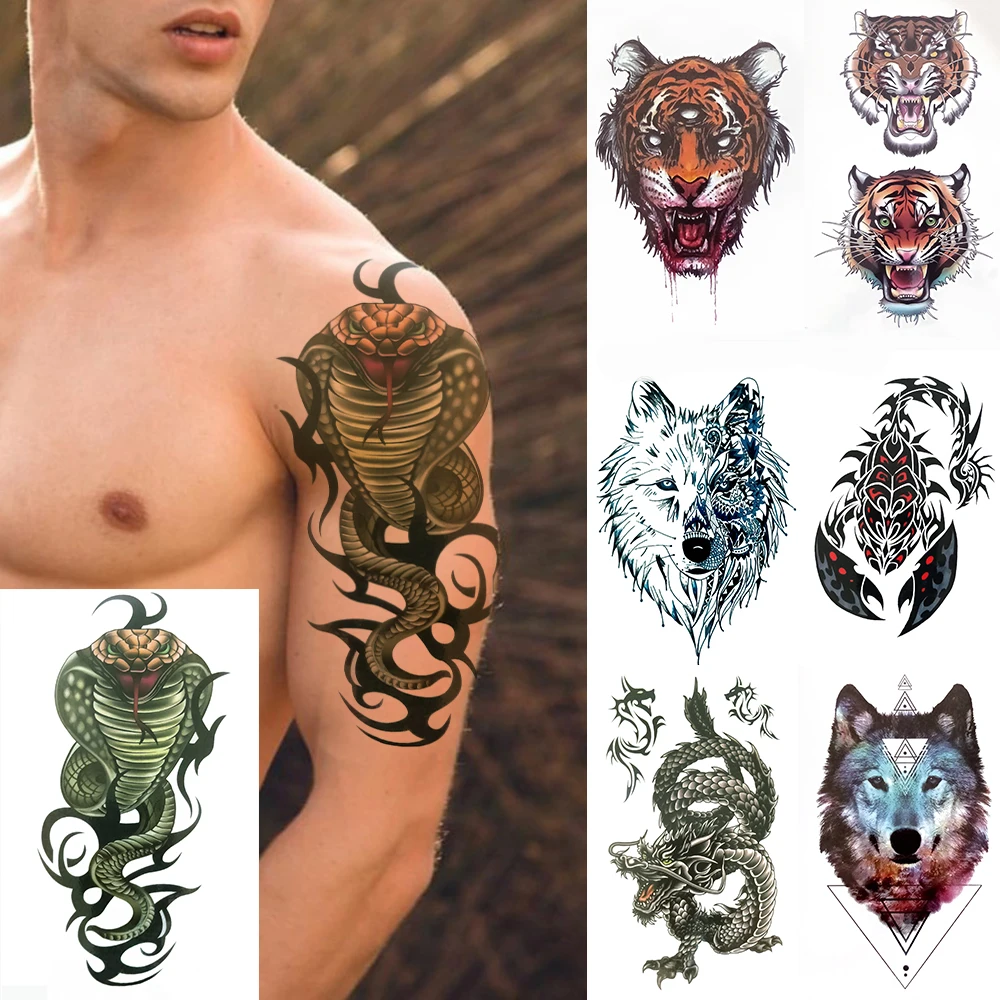 

Green Snake Temporary Tattoos For Men Women Ferocious Tiger Animal Fake Tattoo Sticker Wolf Scorpion Dragon King Tatoo Arm Hands