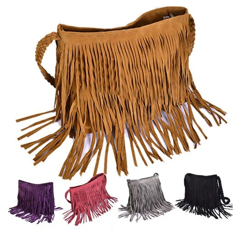 HEFLASHOR Womens Tassle Fringe Faux Suede Shoulder Messenger Crossbody Bag Handbag Purse Black Brown White