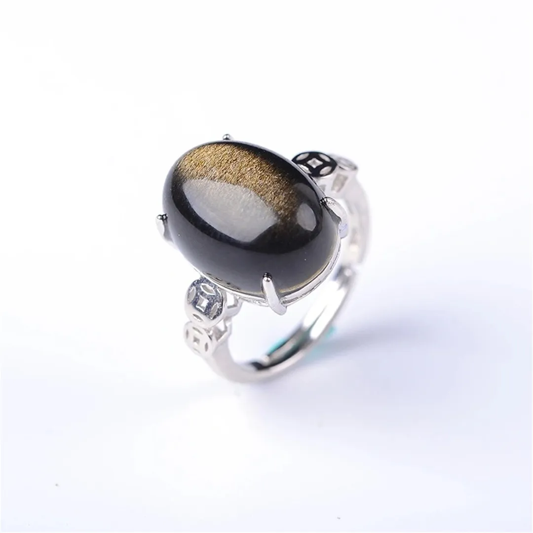 Natural Gold Obsidian Flash Adjustable Ring Crystal 925 Sterling Silver 16x12mm Woman Oval Jewelry AAAAA | Украшения и аксессуары