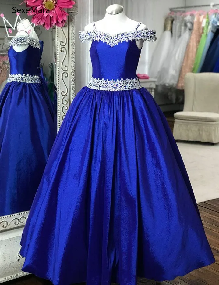 

Off the Shoulder Royal Blue Junior Pageant Dresses for Little Girls Rhinestones Crystals Beading Girls Clothes Custom Made Size