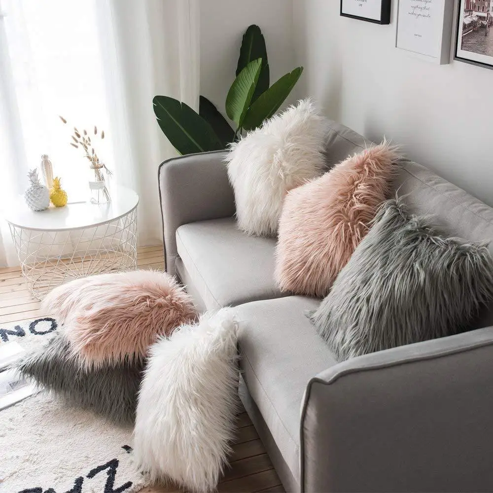 

Artificial Wool Fur Sheepskin Cushion Cover Hairy Faux Plain Fluffy Soft Throw Pillowcase Washable Square Solid Pillow Case 45cm