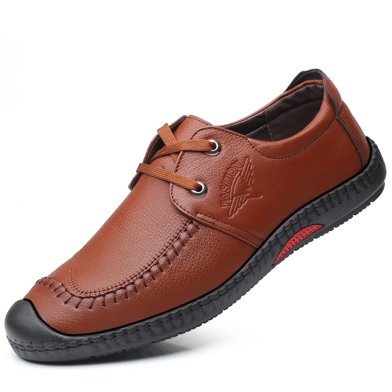 Мужская кожаная повседневная обувь; деловые Лоферы без шнуровки; водонепроницаемые мокасины для мужчин; дышащая мягкая обувь на плоской подошве; мужские уличные кроссовки - Цвет: Brown