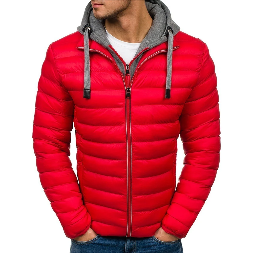 Мужские зимние куртки с капюшоном, мужские ветрозащитные пальто, приталенная Брендовая верхняя одежда на молнии с карманами, мужские повседневные толстые теплые парки, одежда - Цвет: red 1