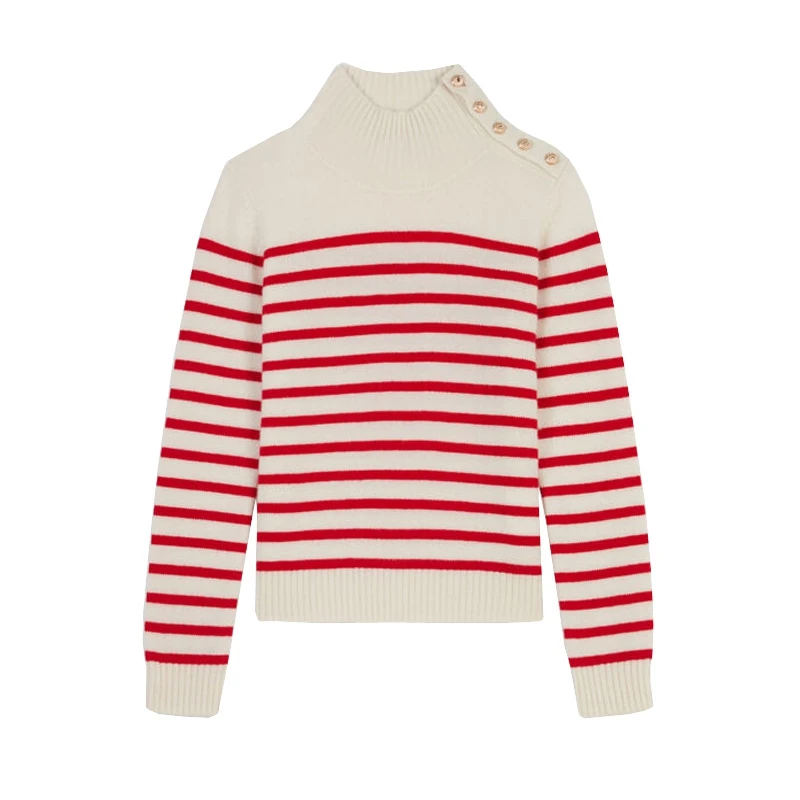

Women's Striped Sweater Turtleneck Long Sleeve O-neck with Button Decoration Female Knitwear Autumn and Winter