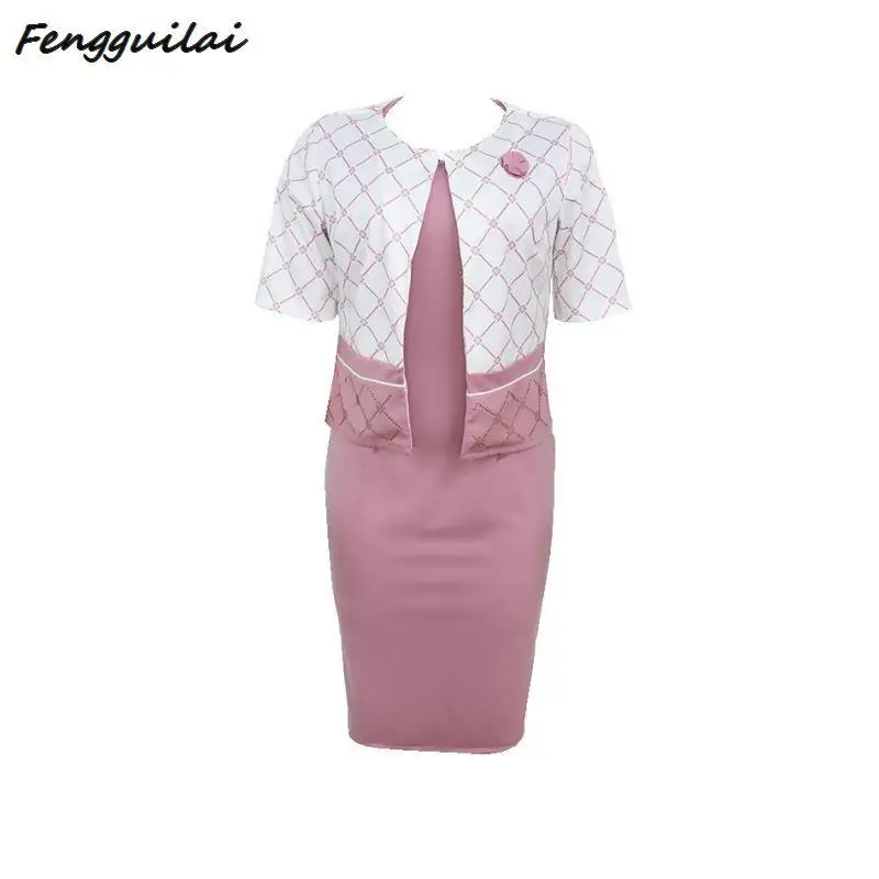 African Clothes High Quality Two Pieces Set Women Office Lady Elegant Printed Coat&Short Sleeve Bandage Pencil Dress Suits