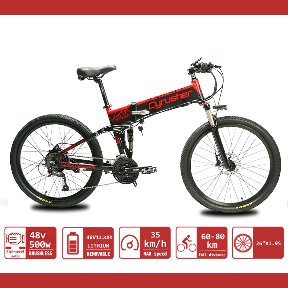 US $1.434.00 Cyrusher XF770 Folding Electric Bicycle Mountain Ebike for Men 26 inch Full Suspension Bikes 48V500W 128Ah Dual Disc Brakes